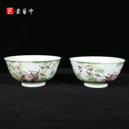 复刻台北故宫雍正官窑·珐琅彩竹雀图碗（一对） | 王辉再现诗书画印四绝珍品 | 竹雀生趣，题句钤印，对碗典藏